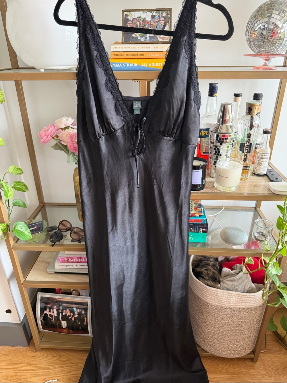 Wild Fable Silky Black Lace-Trim Slip Dress